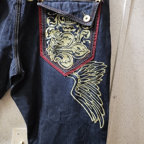 Vintage Clench Jeans Kanji Dragon Embroidery 42x32" Baggy Affliction Style 90s - Picture 9 of 16